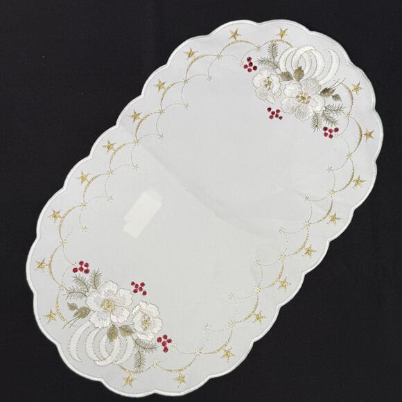 German Embroidered Christmas Flowers Table Runner Mat 11x18 Metallic Gold Thread - Picture 2 of 5